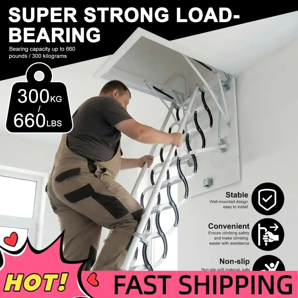 

Hide Extend Ladders with Handrails Space-Saving Collapsible Stair 660LBS Capacity Pull Down System for Garages/Roofs/Basements