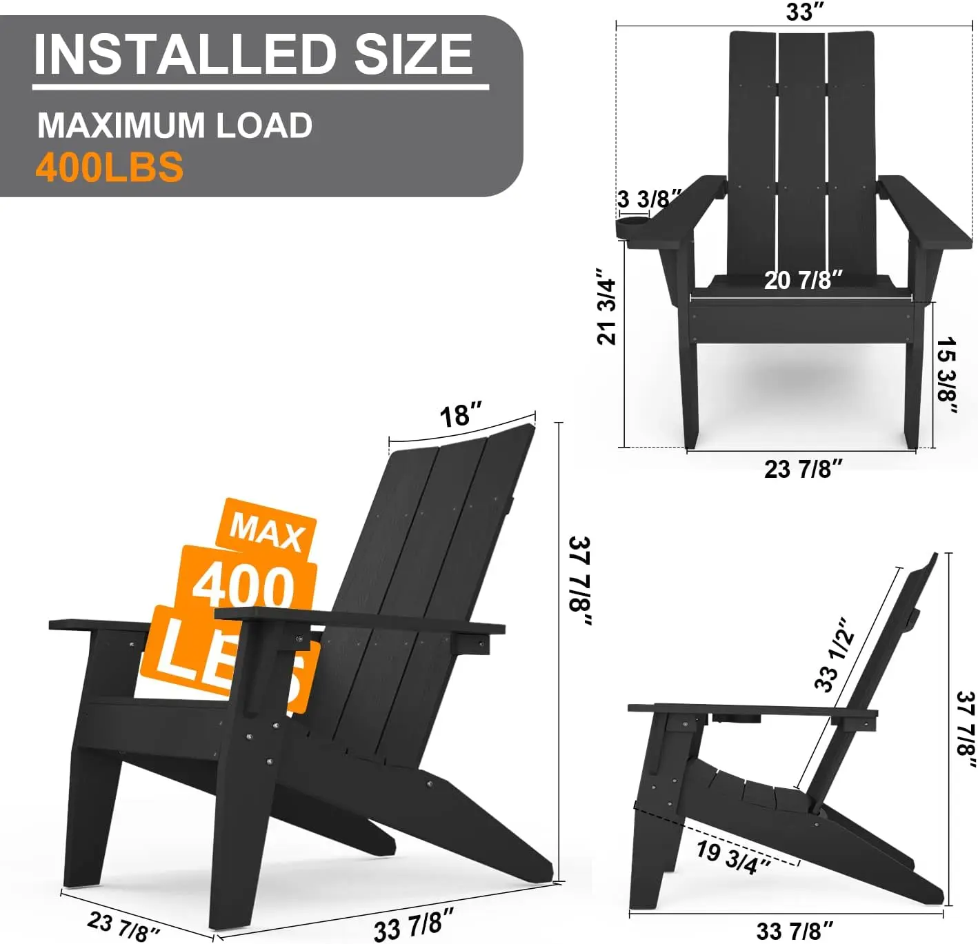 Modern Adirondack Chairs Set of 4 Weather Resistant with Cup Holder Oversize Plastic Fire Pit Chairs Plastic Outdoor Chair