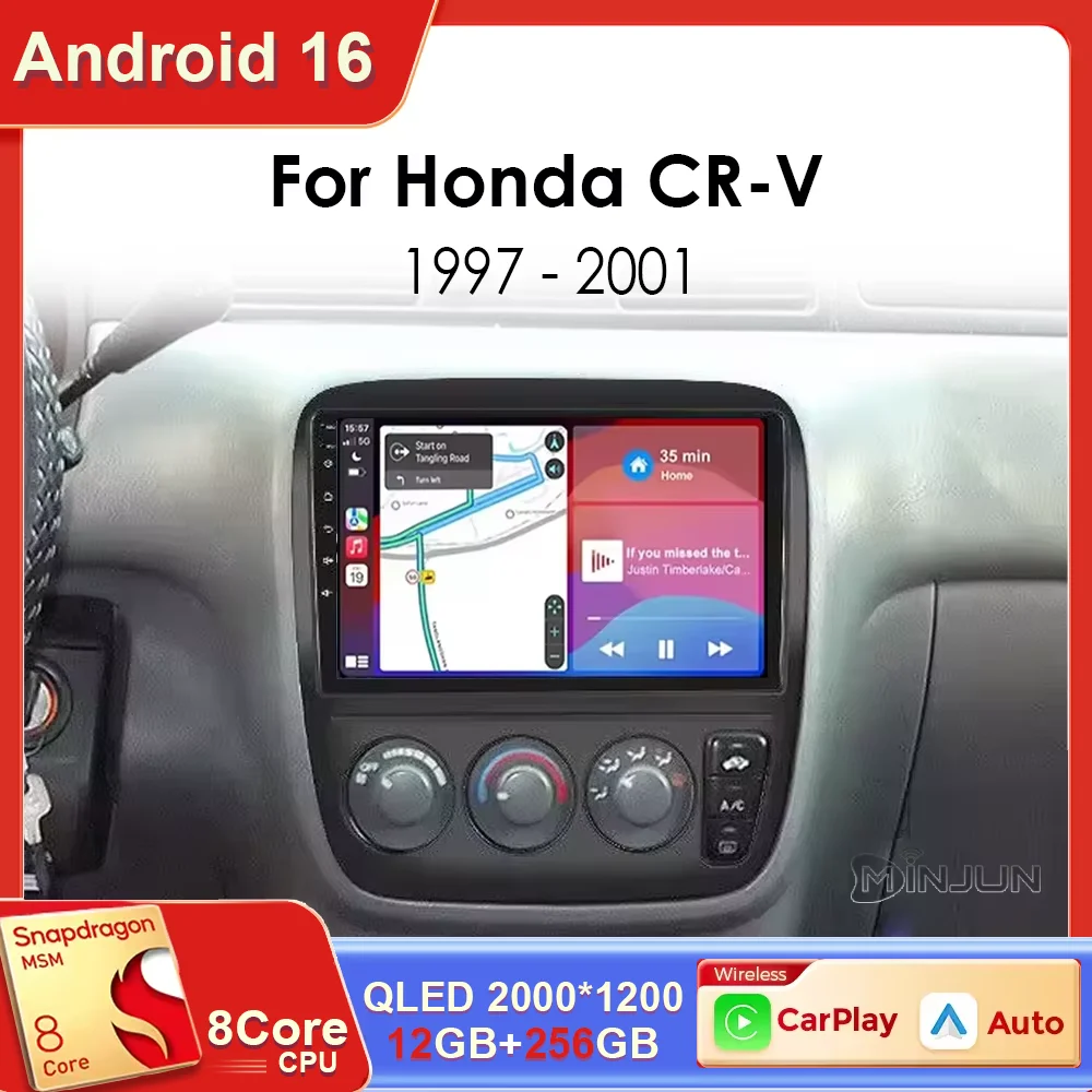 Rádio Automotivo Android 16 Qualcomm para Honda CR-V CRV 1995-2001, Reprodutor de Vídeo Multimídia Automotivo 4G+WIFI, Autoradio GPS com Carplay Sem Fio