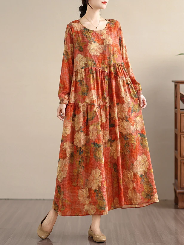 Retro Print Lin Long Sve Dames Dr Loose Grote Maat Afslanken Casual Volledige Rok Katoen Lin Long Dr Herfst Faion