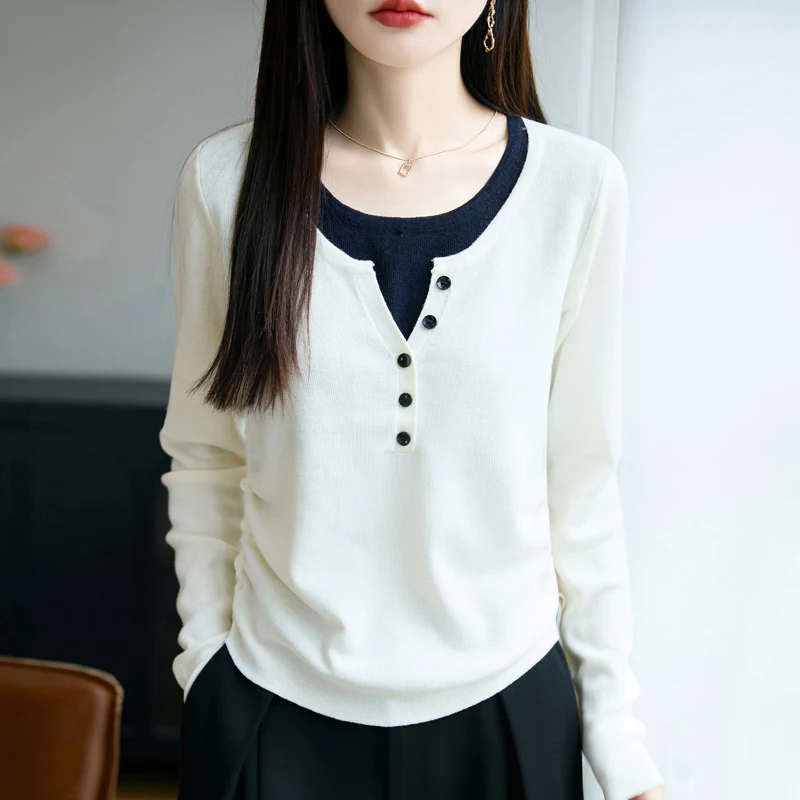 New Women fake two pieces Cashmere Sweater Knitted Hot Selling Soft drawstring Cashmere sweater Women Top