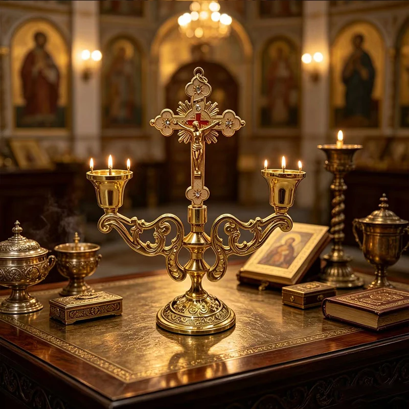 Orthodoxer Altar-Kerzenhalter aus Goldmetall, stehendes Kruzifix, Kerzenständer mit Kreuz für Kirche, Heimdekoration, religiöses christliches Geschenk – Detail 3