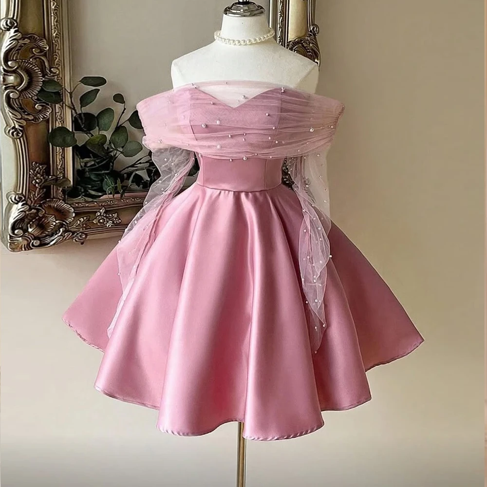 

A Line Mini Evening Dress for Girls Pink Strapless Short Formal Prom Dress for Women Elegant Cocktail Party Gowns 2026