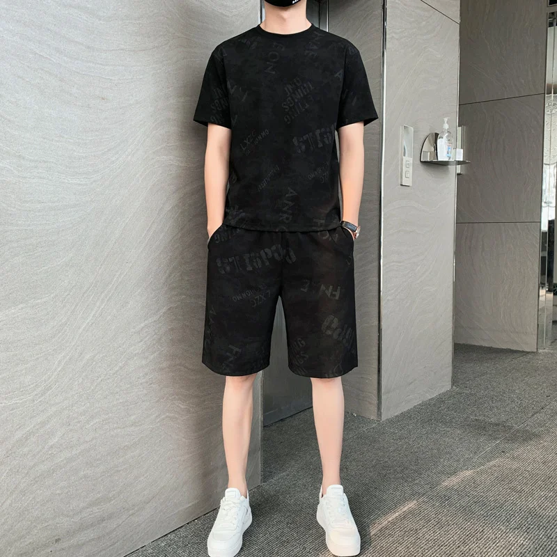 2023 Summer Men Tracksuit Sets Short Sleeve T-shirt Pocket Drawstring Shorts Solid Color Two Piece Suit Sports Fitness Outfits