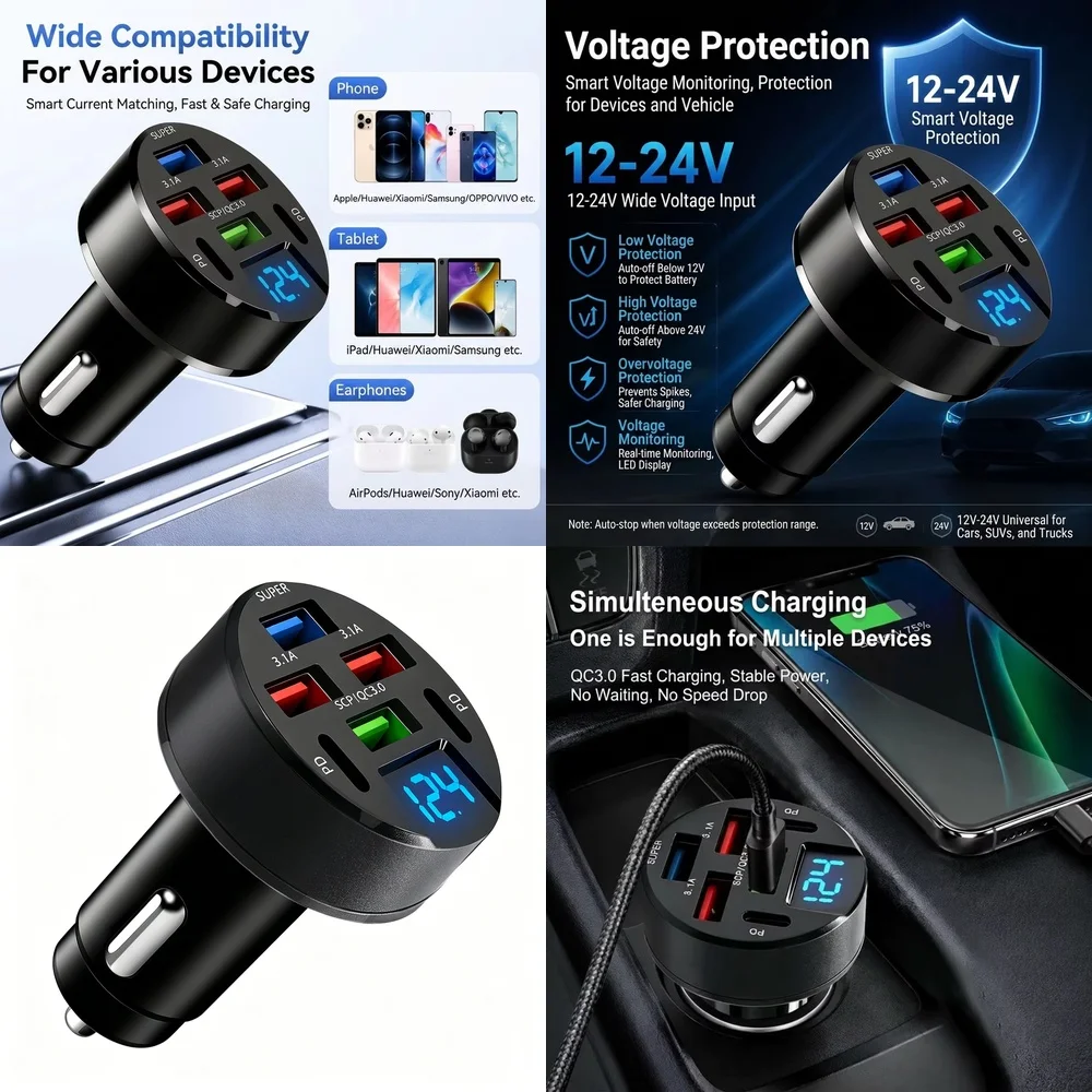 6 Port Multi Port 100W Car Charger with LED Digital Voltage Display QC3.0 PD Fast Charge USB Adapter for iPhone Samsung Tablet