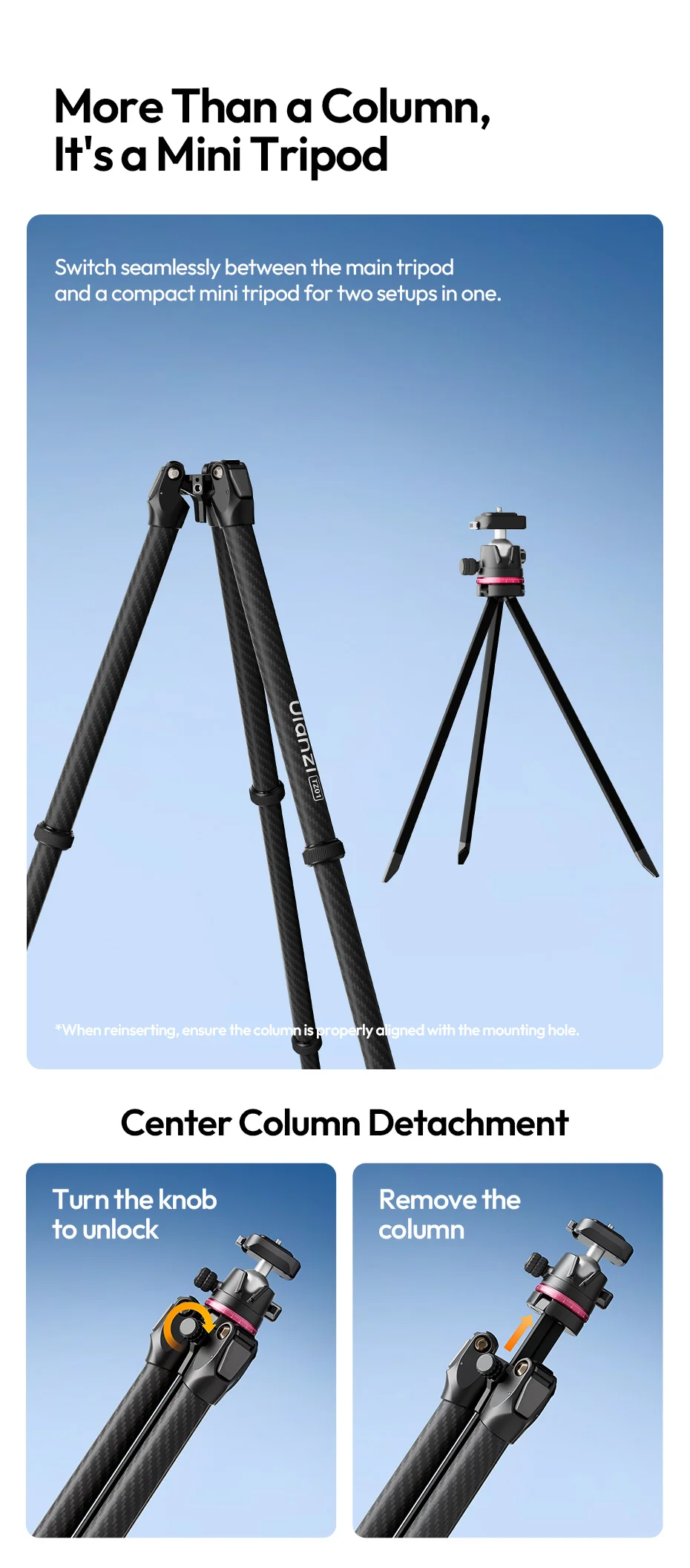 Ulanzi TZ01 Vielseitiges 2-in-1 Carbonfaser-Stativ Max. 1,6M Stativ mit Mini-Stativsäule für DSLR-Kamera für Outdoor-Reiseaufnahmen – Detail 4
