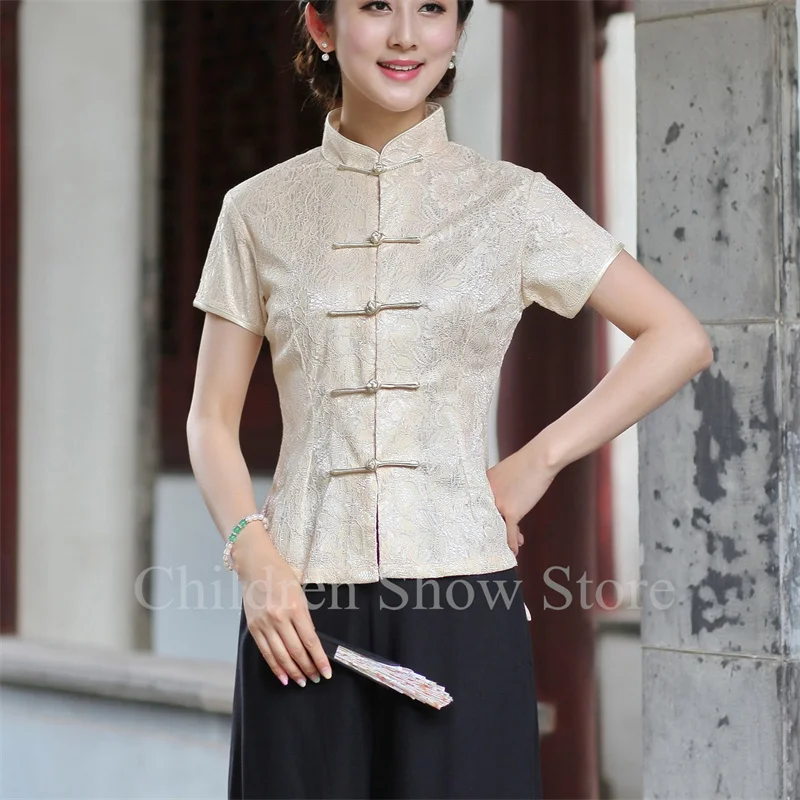 Chinese Style Cheongsam Top Women Sexy Lace Leaves Shirt Short Sleeve Blouse Vintage Mandarin Collar Tang Clothing Big Size 3Xl