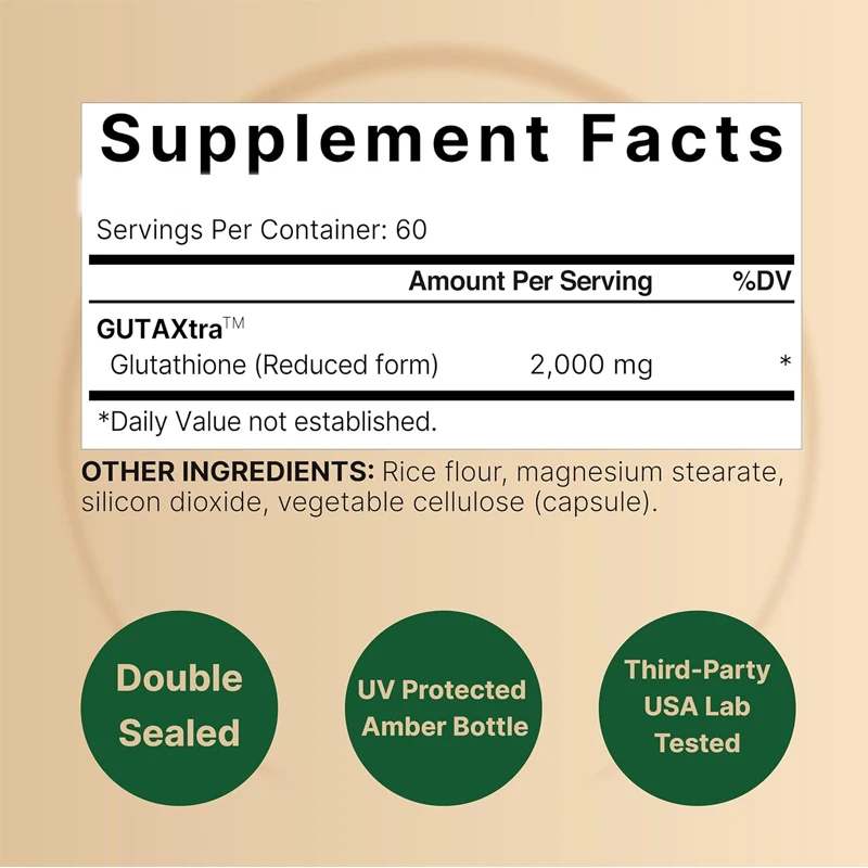 مكمل الجلوتاثيون 2000 ملغ لكل تقديم، 60 كبسولة نباتية، مضاد للأكسدة الرئيسية - صديق للخضراوات، غير كائنات معدلة وراثيًا