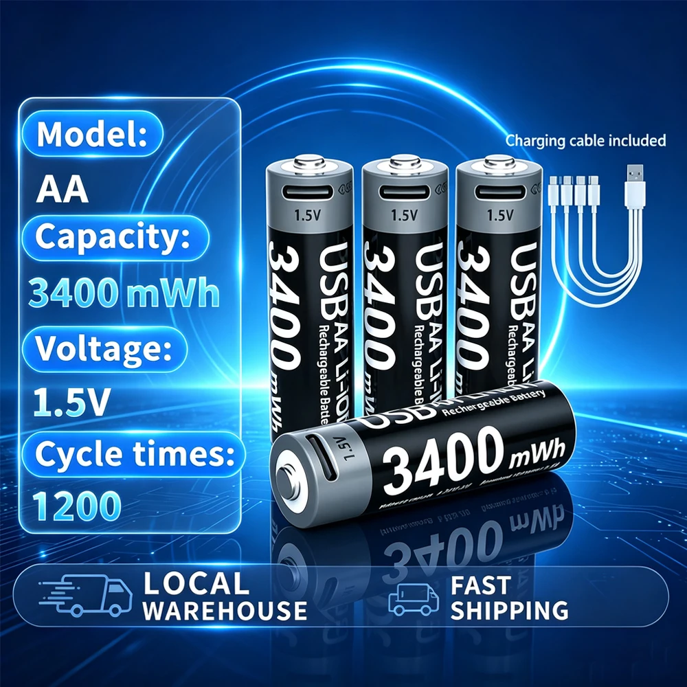 Kuugro USB AA 1.5V 3400mWh Type-C Rechargeable Lithium Battery for Hunting Camera Remote Control Mouse Smart Door Lock Toys