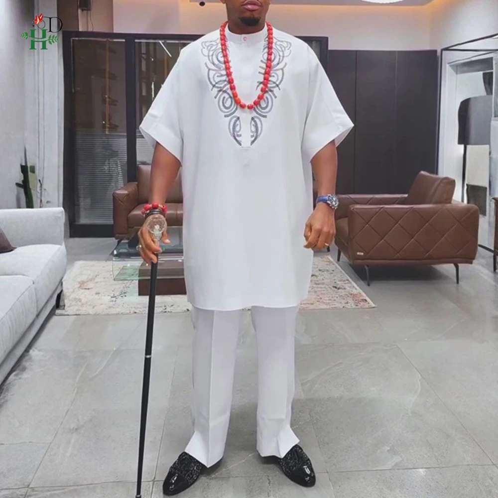 Neue afrikanische traditionelle Kleidung für Geschäftsleute, Stickerei, Dashiki-Robe, Hemd und Hose, 2-teiliges Outfit, Hochzeit, Party, 2025