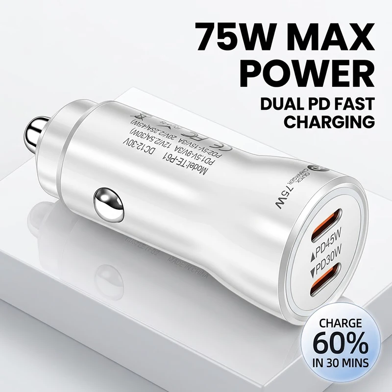 75W Car Charger Dual PD USB C Fast Charging Adapter 45W And 30W Ports Blue Ring Light Stable Connection For iPhone 17 16 Pro Max