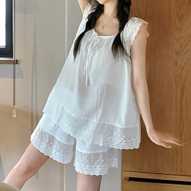 Women Sweet Girls Summer Cool Shoulder Sleeveless Lace Girl with Chest Mat Home Clothes Pajama Set 6