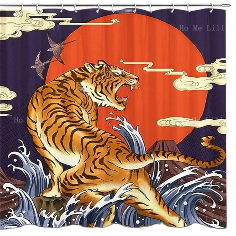 Red Sun Anime Tiger Octopus Asian Kraken Pirate Cool Japanese Theme Polyester Fabric Shower Curtain For Bathroom With Hooks