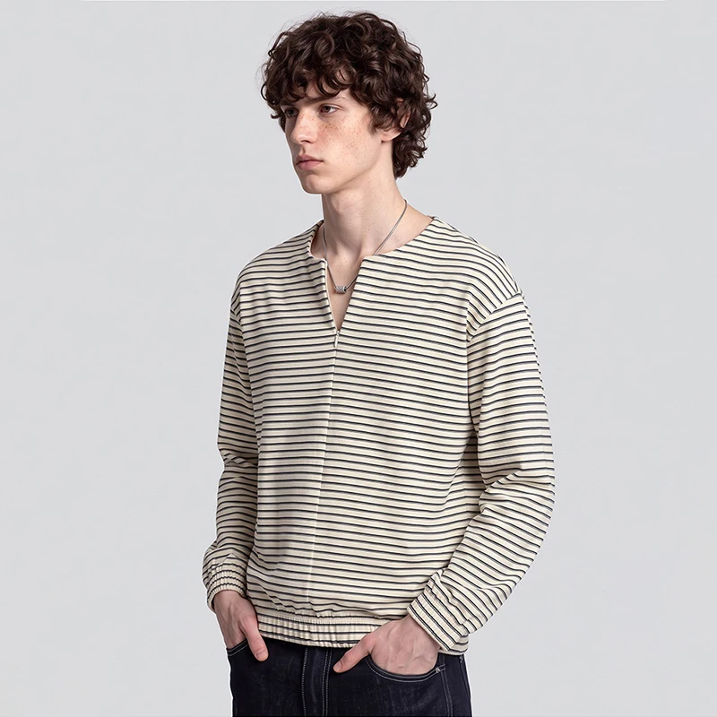 Striped Knit Sweatshirt for Men Autumn Long Sleeve T-Shirt Casual Basic Style Pullover