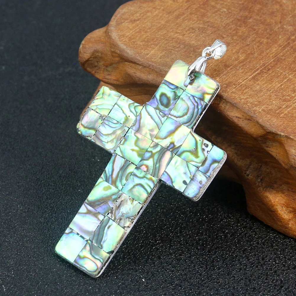

Rainbow Abalone Shell Cross Pendant Mother of Pearl Mosaic Crucifix Handcraft Necklace Healing Wicca Yoga Energy