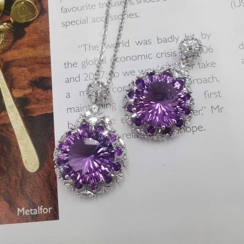 SACEGEMS Luxury 925Sterling Silver Certified 15*15MM Natual Amethyst Pendant Necklace for Women Cocktail Party Fine Jewelry Gift