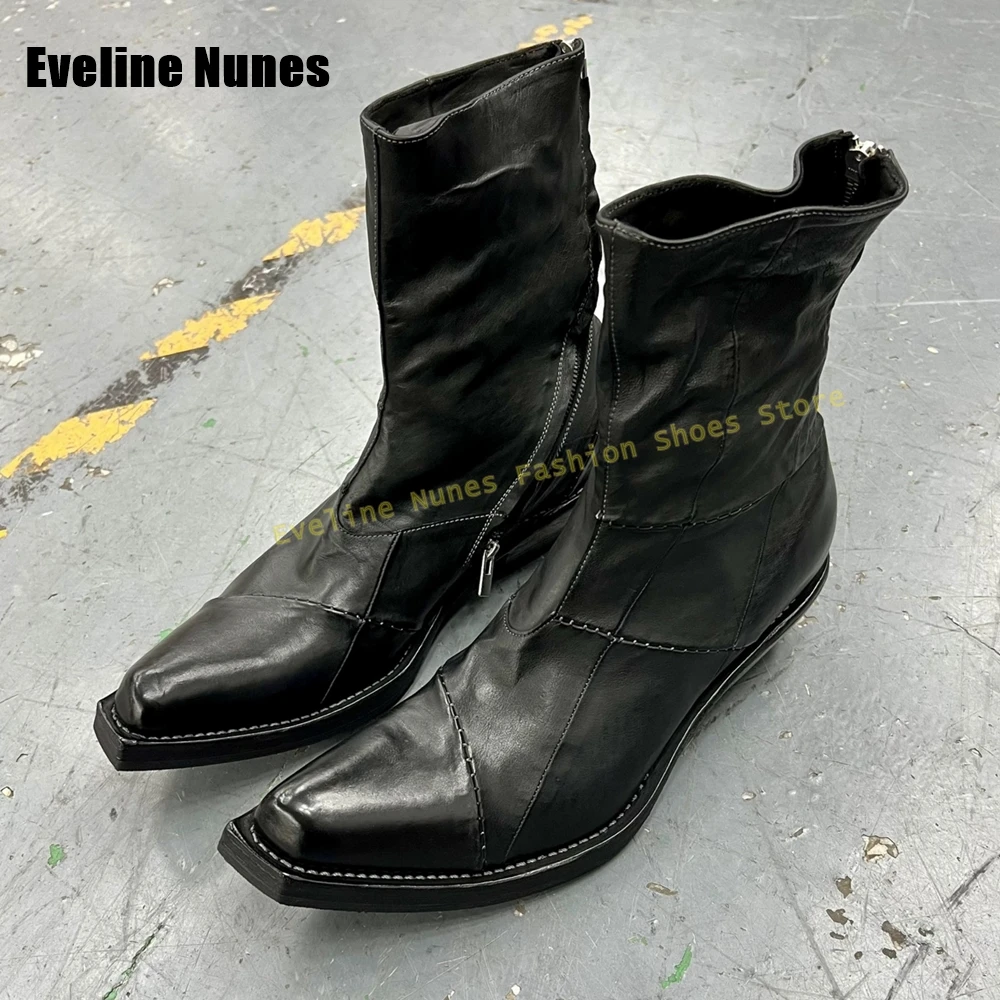 

Retro Sewing Patchwork Knight Boots Pointed Toe Chunky Heels Spiral Zipper Couple Ankle Boots 2025 Dark Autumn New Arrivals Shoe