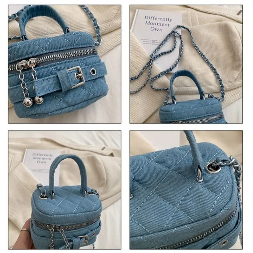 Nuevo Bolso pequeño de cubo de gran capacidad, bolso portátil con cremallera para accesorios de lápiz labial, bolso vaquero azul con cadena para mujer