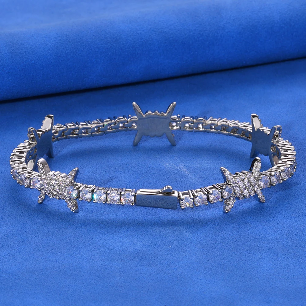 

HHIOK Thorn Tennis Bracelet CZ Cubic Zirconia Fashion Exquisite Spring Buckle Iced with Iron Wire Hip Hop Style Jewelry Necklace