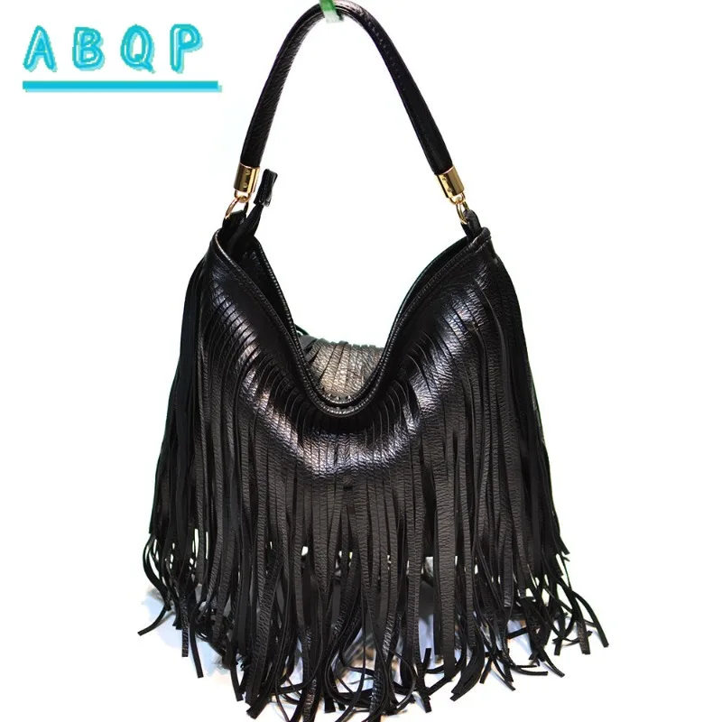 

Women's Shoulder Bag Soft Leather Double-sided Fringed Handbag Trendy Crossbody Solid Color Large Capacity Outdoor Travel Bag