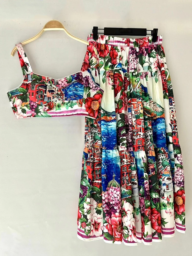

Retro geometric print halter top two-piece 2025 summer women's wear + elastic waist loose drop pleated skirt fashion suit