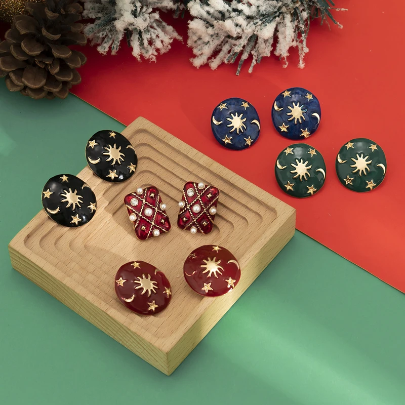 HUANZHI 2023 جديد خمر موضة المينا ستار القمر سحر المعادن الهندسة قرط الاذن المرصع للنساء بنات هدايا مجوهرات الحفلات