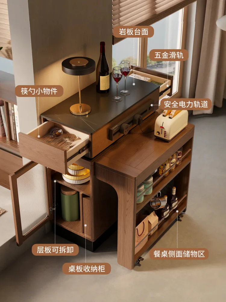 Solid wood island dining table integrated retractable rock slab dining side cabinet multi-functional dining table