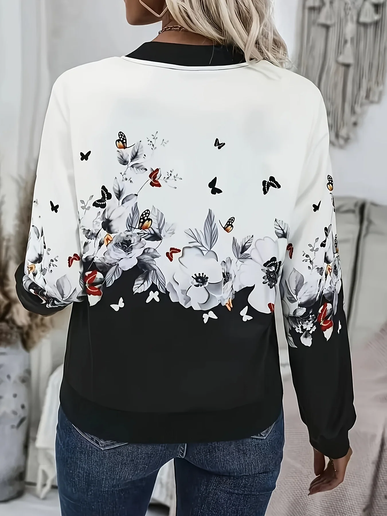 Butterfly Floral Print Long-Sleeved Zippered Baseball Jacket, Stylish Casual Fashion Top