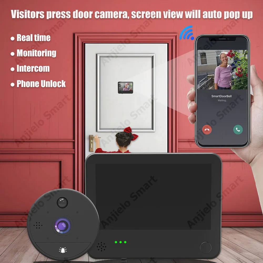 Smart Tuya 1080P WiFi Doorbell Video Peephole Door Camera Wifi 6000mAh 4.3-inch PIR FHD Infrared Digital Viewer