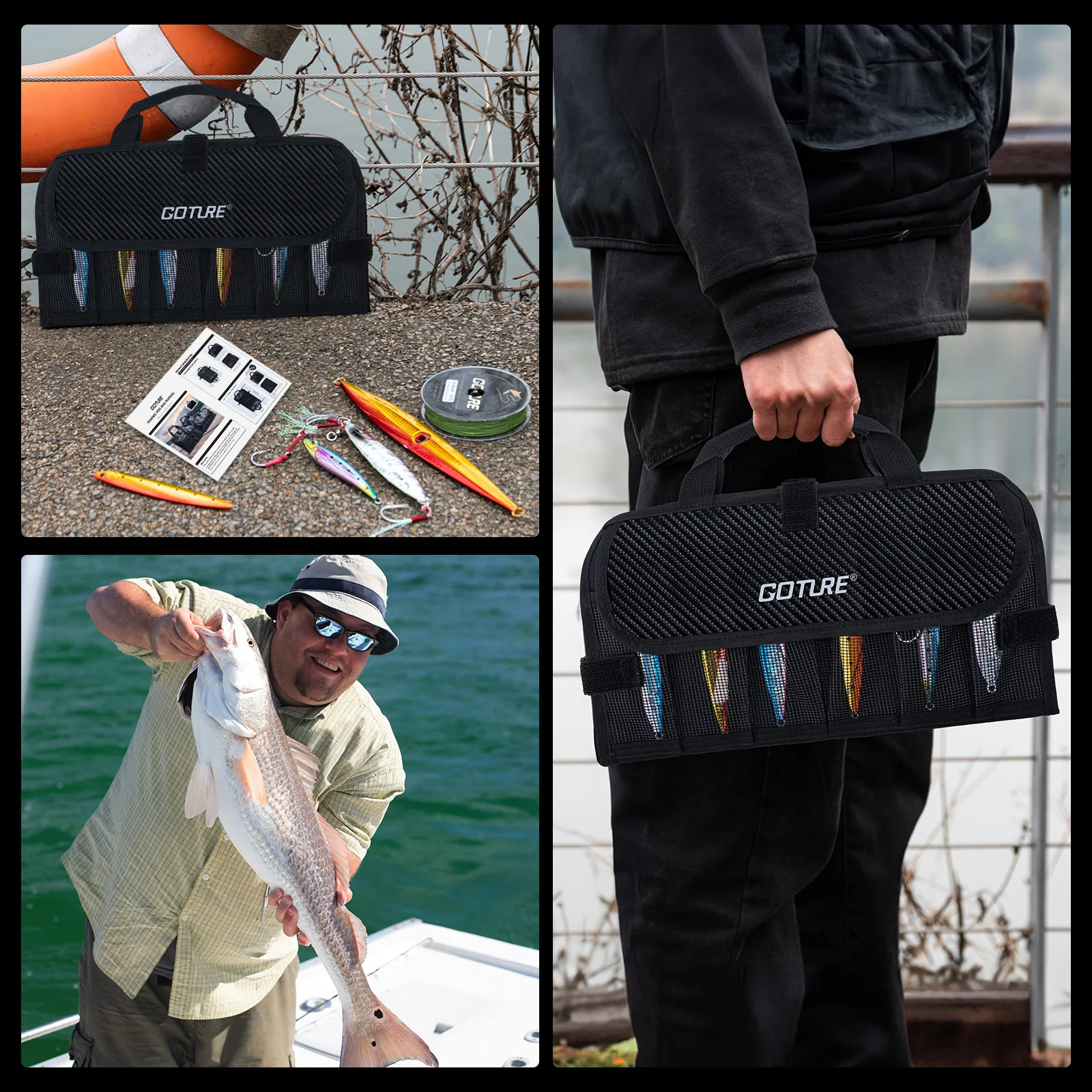 Tas Umpan Pancing Goture dengan Kantong Jaring Tahan Air 600D PU, Tas Umpan Pancing Air Asin dan Air Tawar, Kompartemen yang Dapat Dilepas