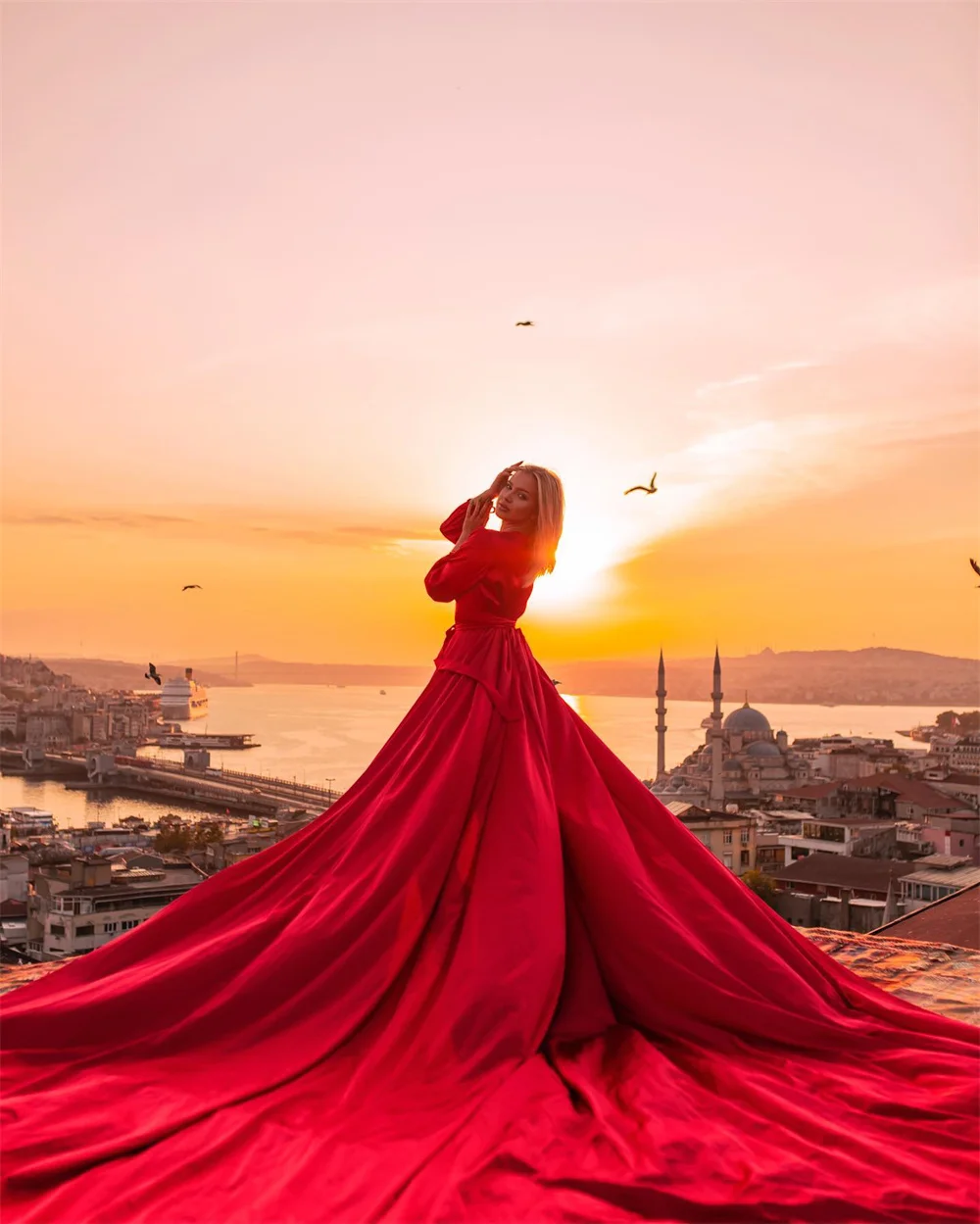 Sansa Long Sleeve Satin فساتين السهرة Flying Red Vestidos De Noche Elegant Travel Prom Dresses 2024