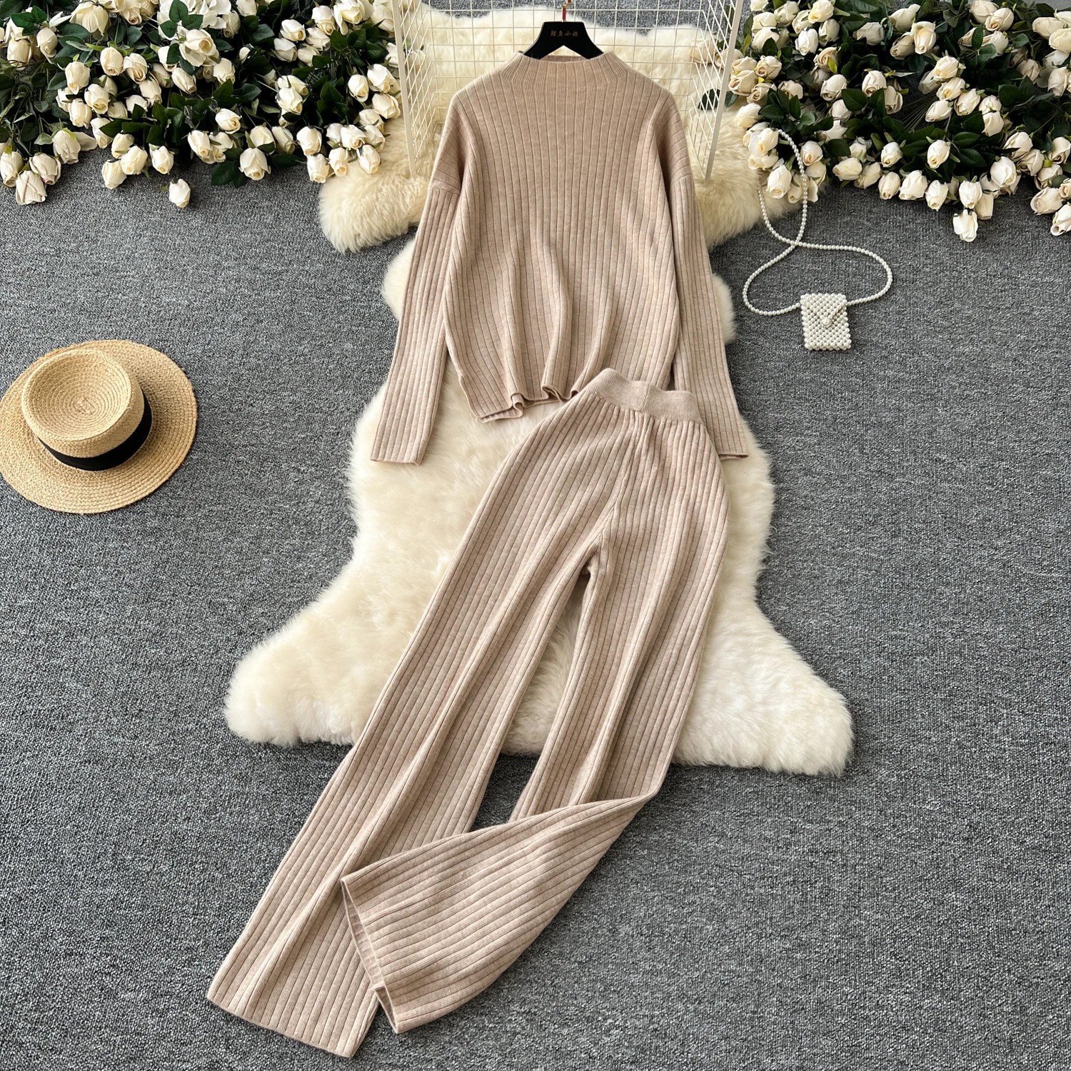 

Knit two piece set for women soild warm half high collar sweater wide leg pant sets stretch knitting tracksuit clothing suits