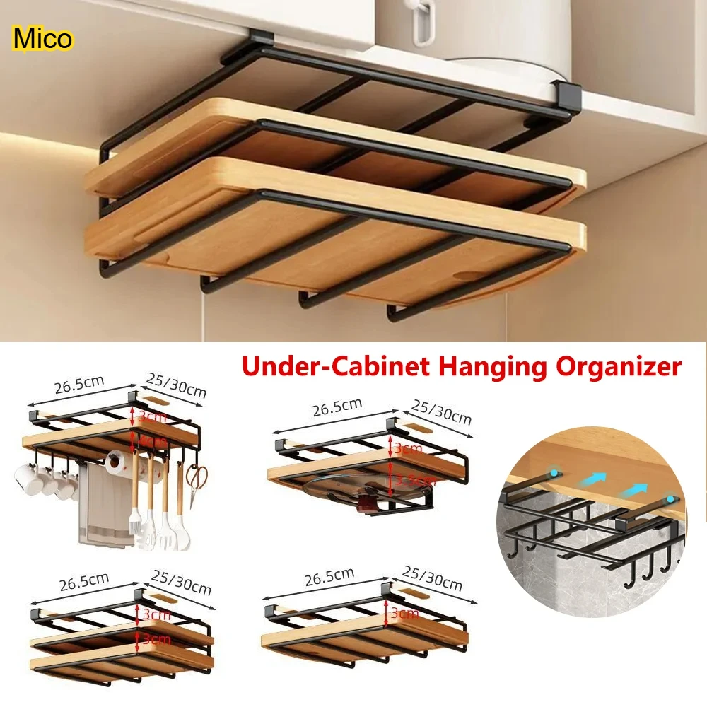 

Under Cabinet Kitchen Hanging Organizer Rack with Hooks, Paper Towel Pot Lid Cutting Board Storage Holder