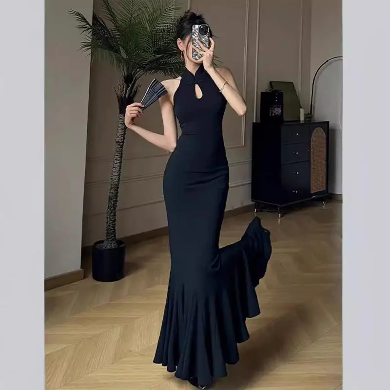 

Черное Ципао Русалка Длинное Cheongsam Y2K Современная женская одежда Вечернее платье Китайское традиционное платье Ретро платье в азиатском стиле