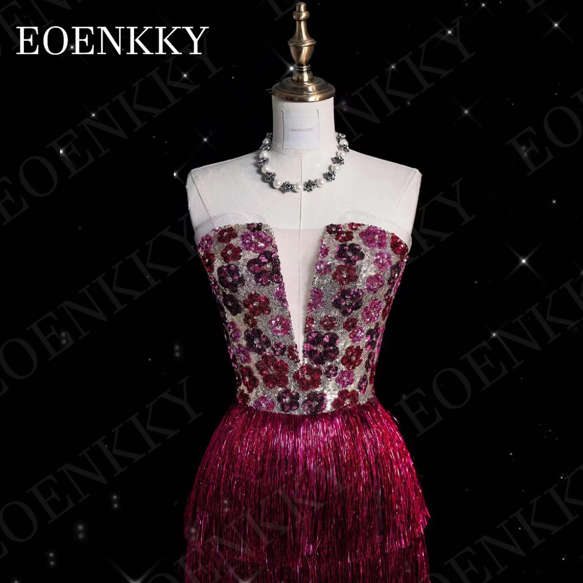 EOENKKY Mermaid Evening Dresses Woman Luxury Dubai Tiered Tassels Sleeveless Pageant Dress Strapless Sequined Flowers Fuchsia