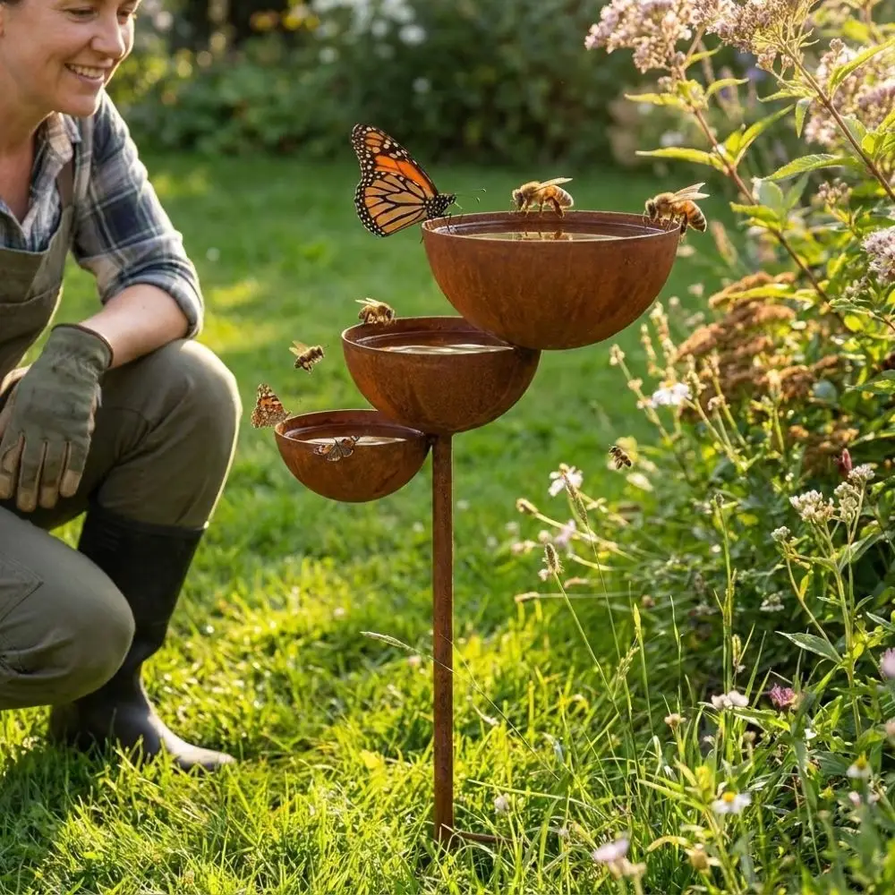 Vintage Iron 3-Tier Metal Bird Bath Ground Stakes Rusted Garden Rain Catcher Handmade Three-layer Bowl Animals Drinking Cup