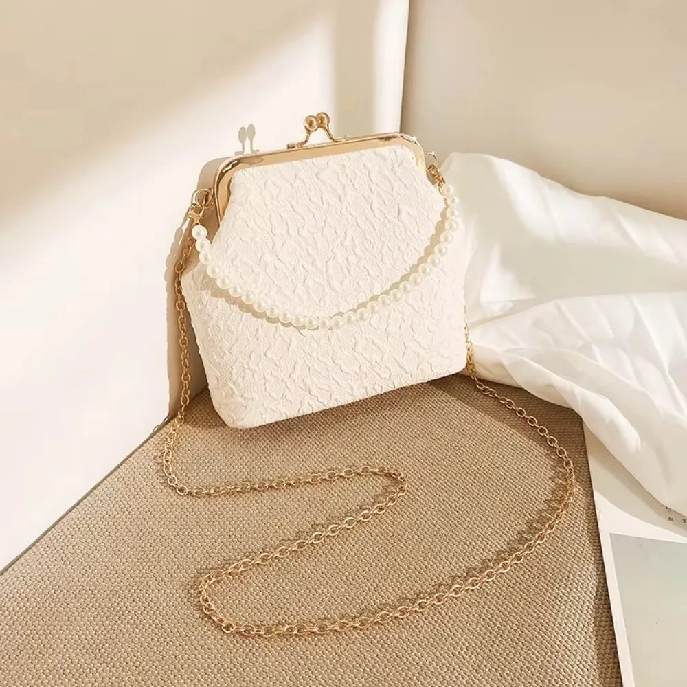 

Cloth Kiss Lock Shoulder Bag Solid Color Pearl Chain Chinese Style Crossbody Bag Single Shoulder Large Capacity