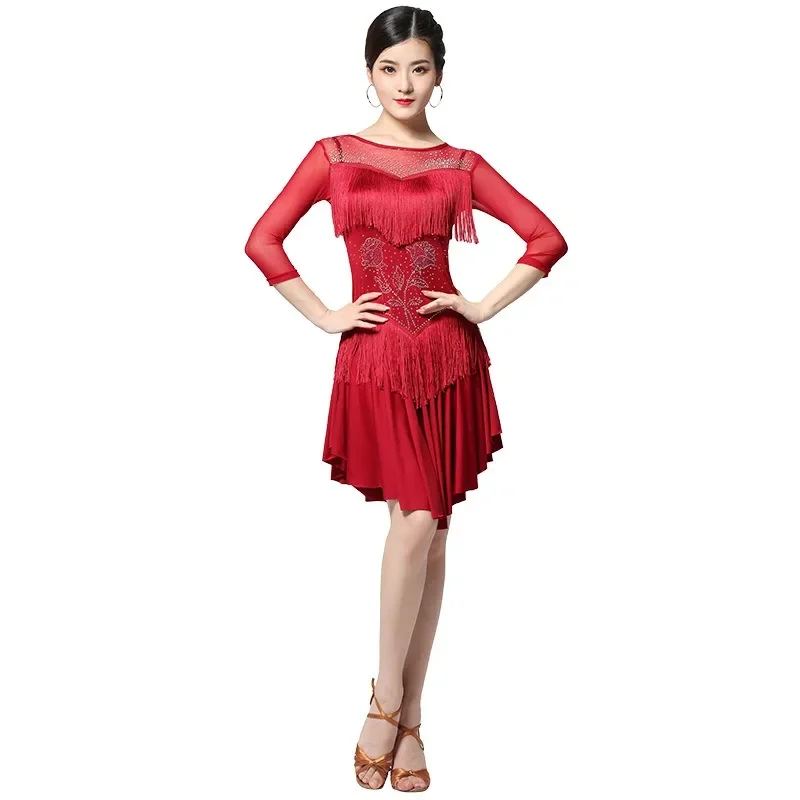New Women's Latin Dance Milk Silk Dress Summer Sexy Multi-Color Performance Costume with Rose Rhinestone Design for Group Shows