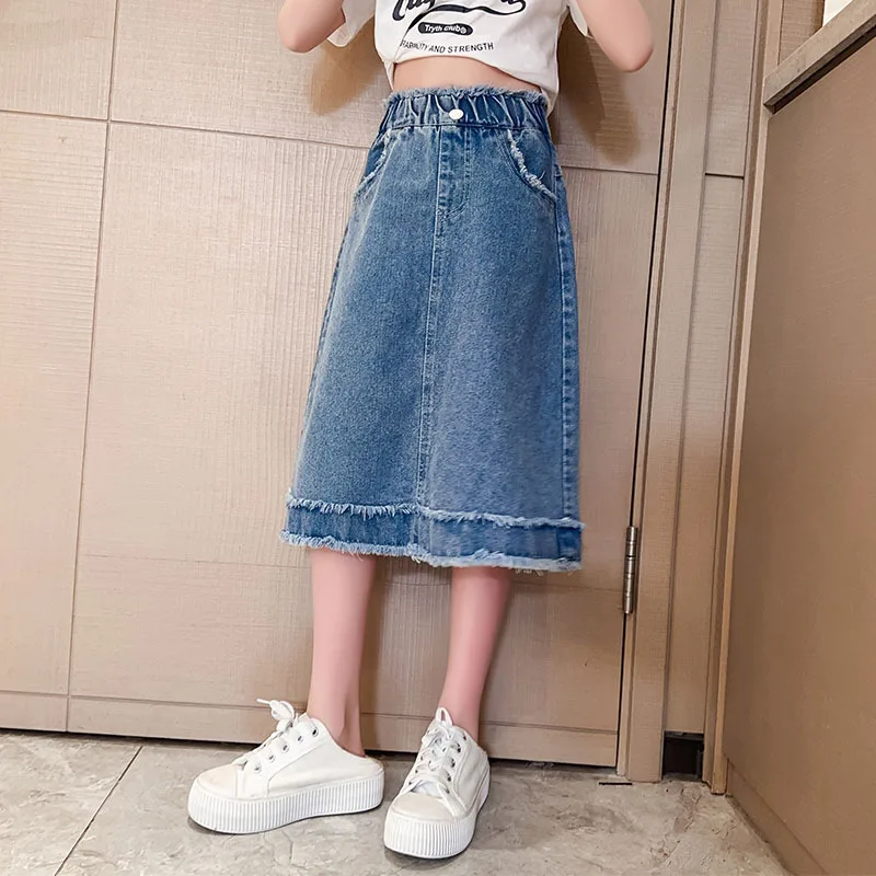 School Girls Denim Raw Edge Skirt Four Season High Waist Casual Midi Skirt for Children Fashion Pocket Teenage Kids Jeans 13 14Y