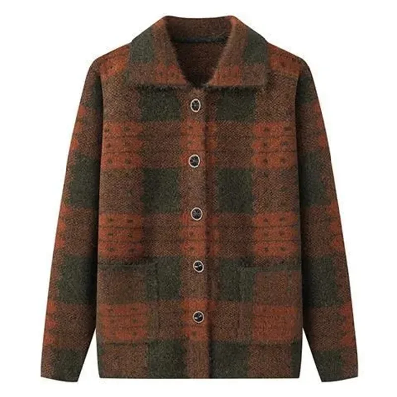 

Autumn Winter Ladies Large Size 4XL Coat Korean Feminine Long Sleeves Cardigan Sweater Middle Aged Mother Fashion Lapel Knitted