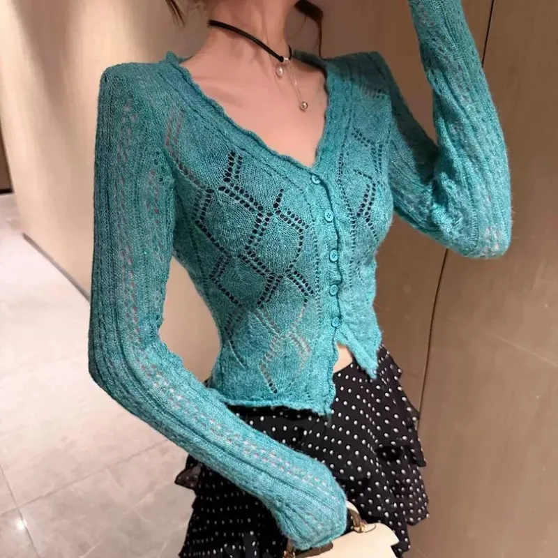 

Sexy Hollow-out V-neck Knit Cardigan Soft Slim Women Spring Autumn Coat Crop Tops Long-sleeved Jacket Kawaii Sweater Cardigans