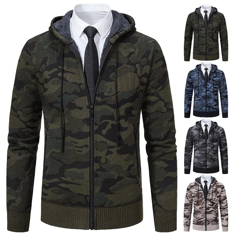 Mens Knit Cardigan Camouflaged Sweater Hooded Tactical Jacket Fashion Male Zipper Coat Thick Fleece Lined Clothing