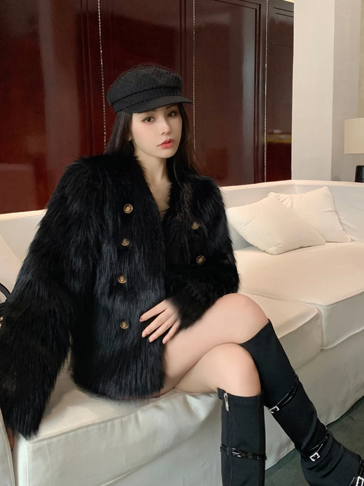 2023 Winter New Women Fashion Faux Fur Jacket Advanced Sense Button Decoration Loose Warm Fluffy Plush Thickening Outwear Coats