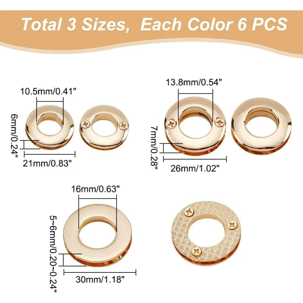 18pcs Alloy Eyelets Grommets Metal Screw-in Together Eyelets 10.5/13.8/16mm Round Grommet Snap Hole O-Ring Bag Loop Connector