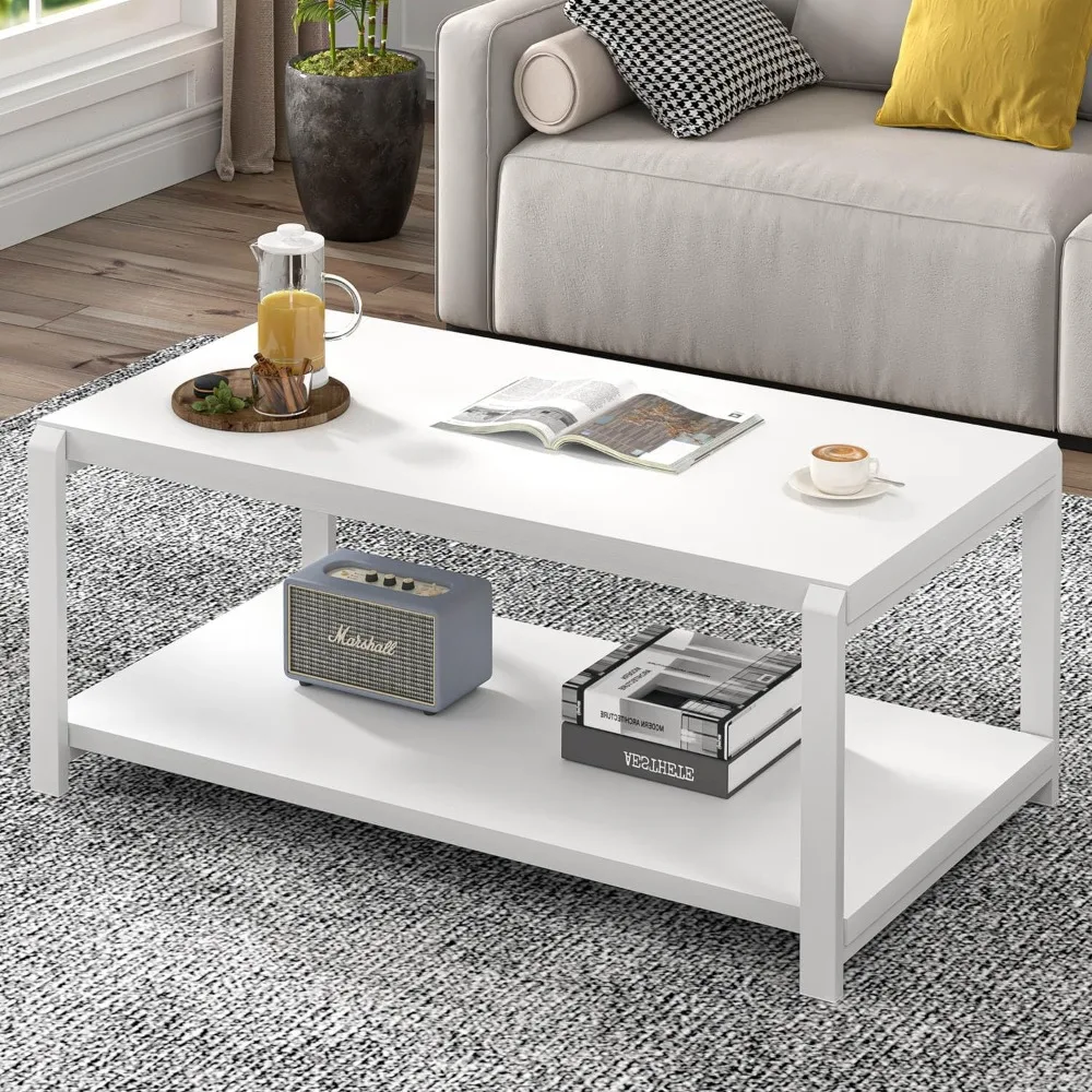 

White Coffee Table with Storage, Modern Center Table for Living Room, Rustic Wood and Metal Cocktail Tables, White