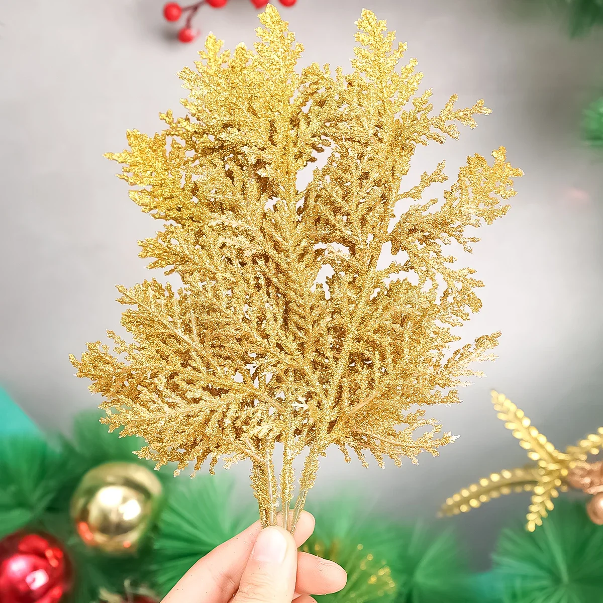 50-5Pcs Christmas Glitter Gold Silver Leaves Xmas Tree Decoration Pendant Artificial Plants Pine Branches Home New Year Ornament