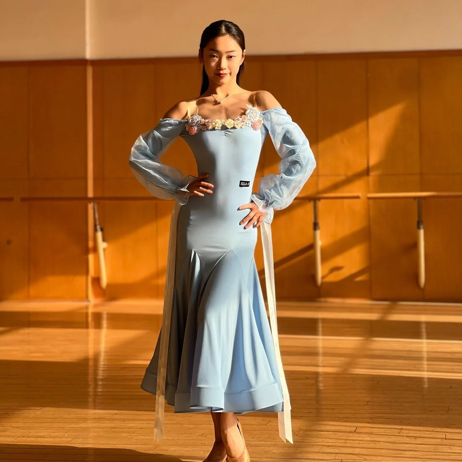 

Sky Blue Flower Off Shoulder Ballroom Dance Dress Women Adult Prom Waltz Performance Costume Ballroom Competition Dress DNV22008