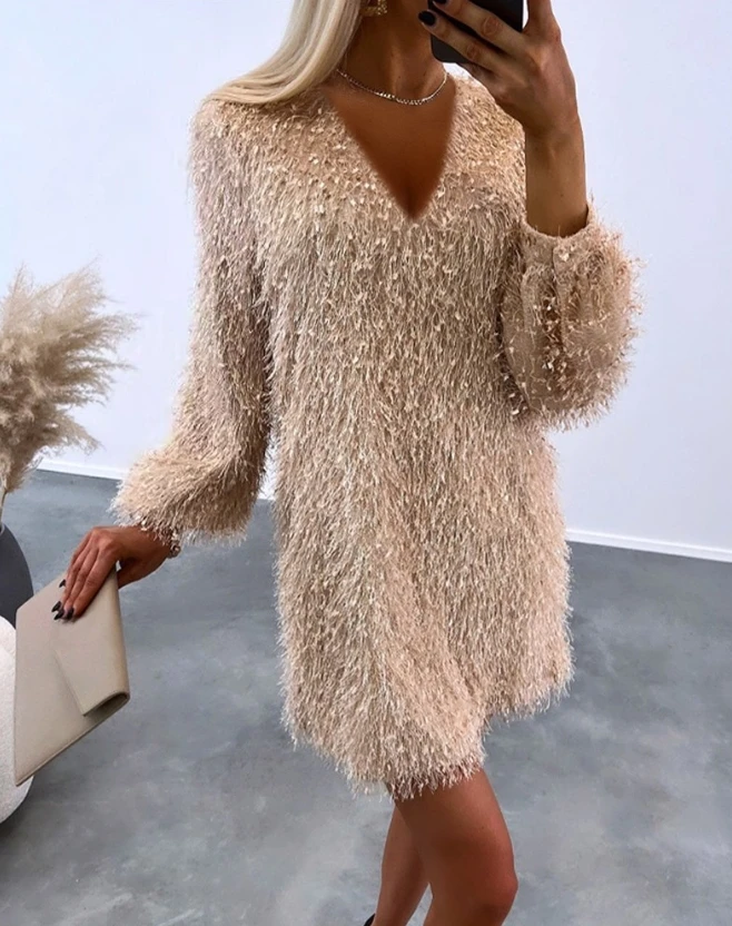 

Women's Fashion Plain Fluffy V-Neck Casual Dress Temperament Commuting Female Clothes Winter Woman Loose Elegant Mini Dresses