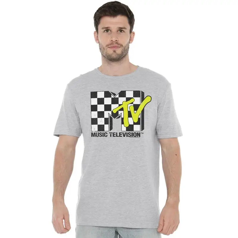 MTV Checker Board Logo T-Shirt S-2XL, Athletic Heather