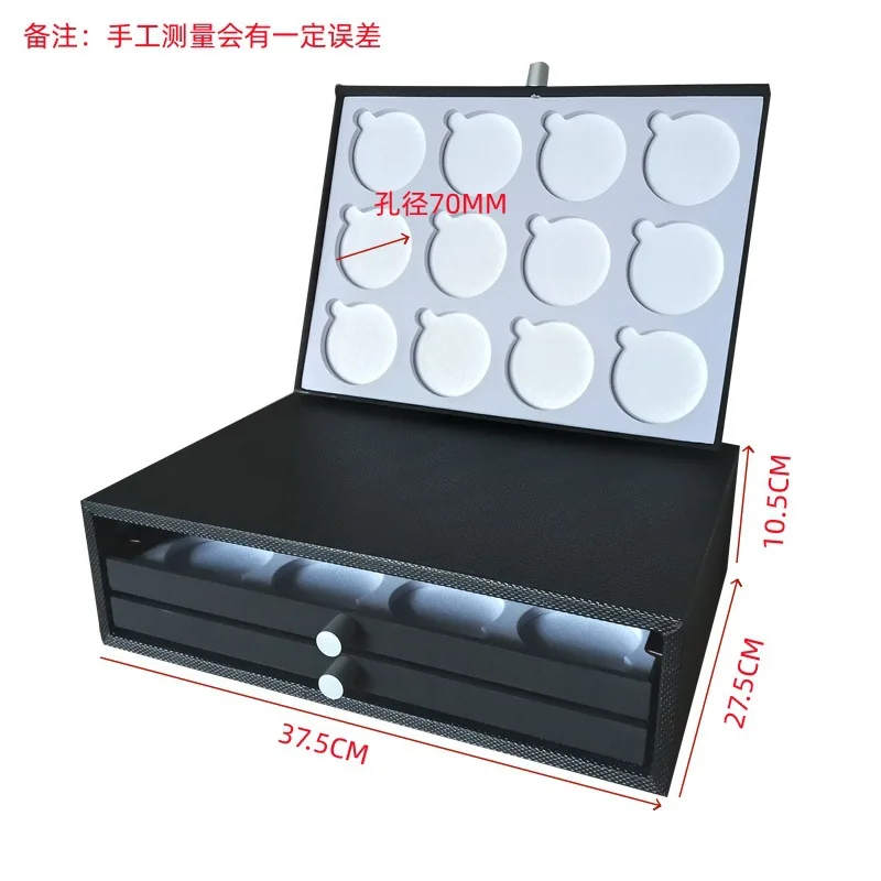 Black PU leather 3-layer drawer glasses lens storage box, glasses color sample lens display box